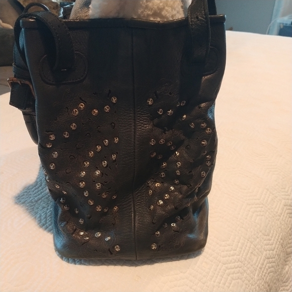 Platania Studded Lazer Cut Black Italian Leather Satchel with Swirl Design - Picture 4 of 14